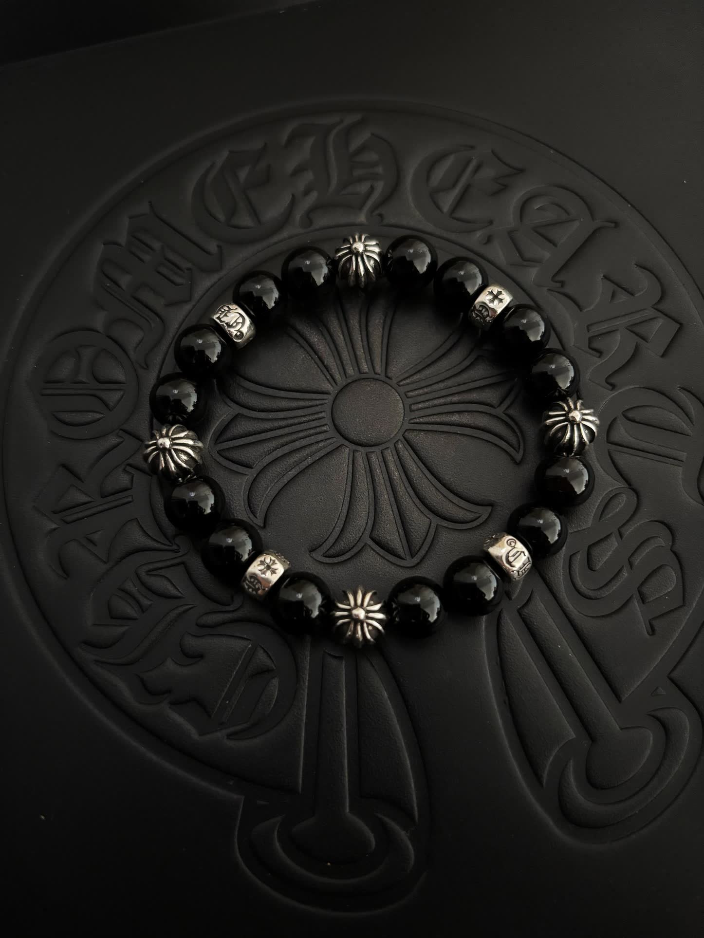 Chrome Hearts Elegant Black Bead Bracelet with Silver Accents